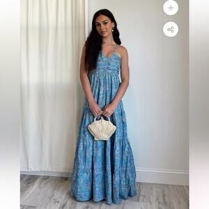 lusana belle blue paisley print spaghetti strap ruched bodice maxi dress small